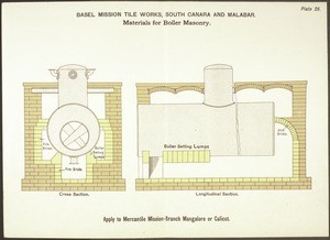 Catalogue / Basel Mission tile works / South Canara and Malabar / established 1865. Apply to mercantile Mission-branch Mangalore or Calicut. Plate 28: materials for Boiler Masonry