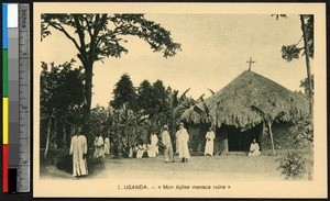 Men standing outside thatched roof church, Uganda, ca.1920-1940