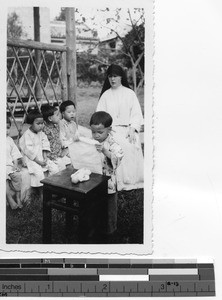 Sister Colombiere teaching the orphans at Luoding, China, 1937