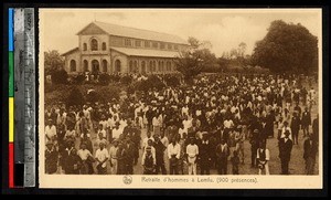 Large group of men outside a cathedral, Lemfu, Congo, ca.1920-1940