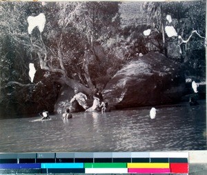 Malagasy men and women swimming in the river, Madagascar, ca.1905