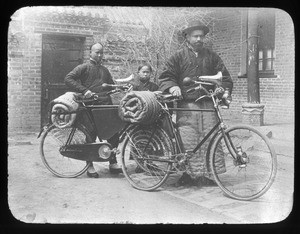 Trio with bicycles, China, ca. 1920-1940