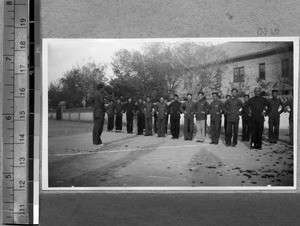 Morning exercises for New Life Movement, Fenyang, Shanxi, China, ca.1936-37