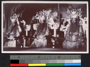 Three statues of kings in a shrine, Chaochowfu, Guangdong, China, 1922