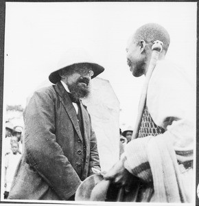 Filipo Ndjau and missionary Fritze at the inauguration of the Rebmann memorial, Machame, Tanzania, ca.1927-1938