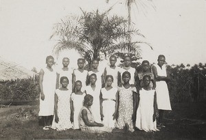 Female missionary and female congregation, Nigeria, 1935