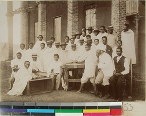 Andranovelona Industrial and Technical School, students and teachers, Ambohimasina, Madagascar, ca.1900