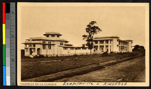 Chapel and clinic standing beside a dirt road, Leopoldville, Congo, ca.1920-1940