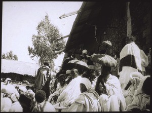 Preaching to the people in front of the church