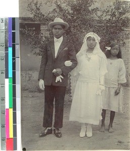 Malagasy bride and groom with their bridesmaid, Antsirabe, Madagascar, ca.1923