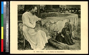 Elderly woman gives a missionary some food, Ajmer, India, ca.1920-1940