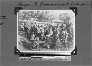 Missionary Gemuseus saying farewell to Africans, Rungwe, Tanzania, 1931