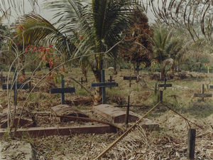 Assam, Nordindien. Mornai Tehaves 100 års jubilæum, juni 1990. Missionærgrave i Grahampur, som var Santalkoloniens administrationscenter