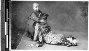 Little boy covering the eyes of a little girl, Japan, ca. 1920-1940