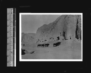Dugout cave homes in the side of cliffs, Gansu Province, China, ca.1926