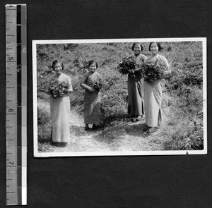 Fukien Christian University students with azaleas, Shaowu, Fujian, China, 1939