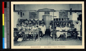 Children sitting in a classroom shown from the front of the class, Madagascar, ca.1920-1940