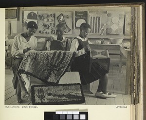 Learning to make to make rugs, Lovedale, South Africa, ca.1938