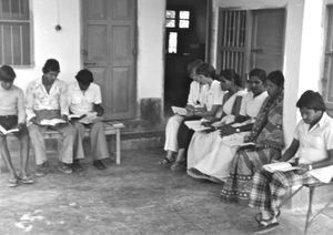 Danish Bangladesh Leprosy Mission/DBLM, 1983. Devotion at Nilphamari Hospital. Right, from the