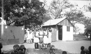 African girls in a play during Blue Cross celebrations, Antioka, Mozambique, 1933