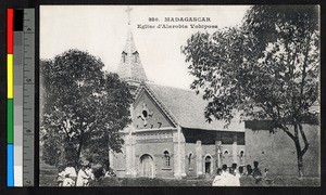 People gathering before a brick church, Madagascar, ca.1920-1940