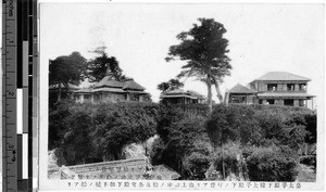 Three houses on a hill, Japan, ca. 1920-1940