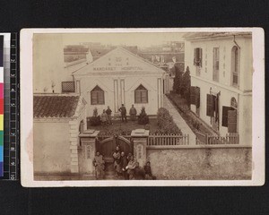 View of missionary and Chinese men outside Margaret Hospital Wuhan, China, ca. 1885-1890