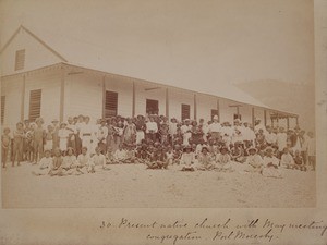 Congregation outside church, Port Moresby, Papua New Guinea, ca. 1890