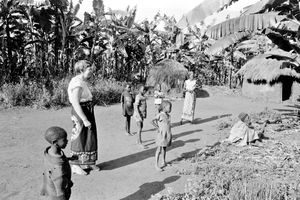 ELCT, Karagwe Diocese, Tanzania. Missionary and Parish Assistant Gudrun Vest at a village visit