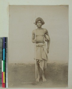 Bara man holding a spear, Bara, Madagascar, ca.1900