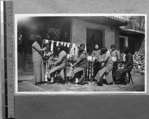 Making stockings at Harwood Bible Training School, Fenyang, Shanxi, China, ca.1936-37