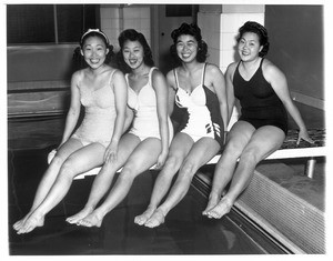 "Japanese swimmers. Left to right: Sue Noma, Maye Noma, Shigeko Oi and Lily Takeda. All are Nisei."--caption on photograph