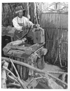 "George S. Takemura, landscape artist from West Los Angeles, builds a rustic wishing well at Manzanar, a War Relocation Authority center where evacuees of Japanese ancestry will spend the duration."--caption on photograph