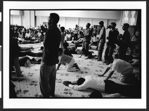 Male worshipers inside Hindu temple, BAPS Shree Swaminarayan Mandir, Bartlett, Il., July 28, 2002 4pm