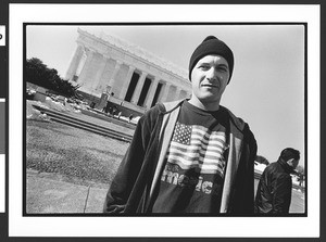 Russian immigrant in front of the Lincoln Memorial, Washington, D.C., 2002