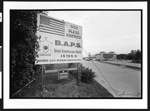 Billboard for BAPS at entrance way to Hindu temple, BAPS Shree Swaminarayan Mandir, Bertlett, Il., July 28, 2002, 4pm