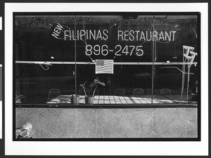 Window of New Filipinas Restaurant with American flag, SOMA, San Francisco, California, 2002