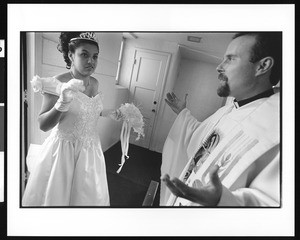 Priest greeting bride, Dolores, Los Angeles, 1996