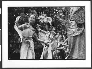 Two young Thai women performing traditional Thai dance at Wat Thai Temple, North Hollywood, Los Angeles, 2003