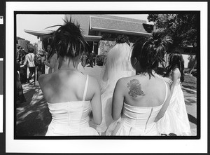 Bride's maids of Vietnamese origin enter church, Our Lady of Peace, San Jose, California, 2002