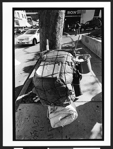 Homeless person's shopping cart with American flag, San Francisco, California, 2002