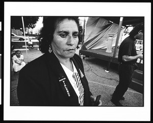 Woman wearing Stop The Violence pin, Pasadena Coalition, Los Angeles, 1996