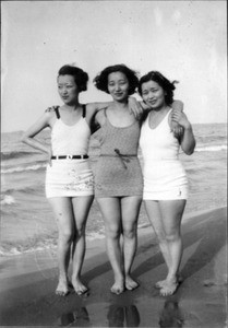 Soon Bohk, Helen and Sunda Hur in bathing suits at beach