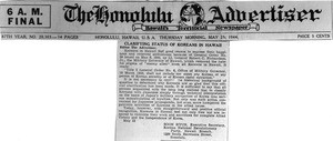 Clarifying Status of Koreans in Hawaii, by Soon Hyun, Exec. Sec. Of Korean National Revolutionary Party, Hawaii Branch, Letter to the Editor, The Honolulu Advertiser