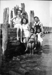 Helen and Soon Bohk Hur, Louis Hahn, Richard, Selma, and Ramona Hahn at beach