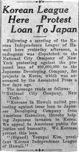 Korean League Here Protest Loan to Japan, April 3, 1923