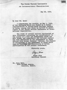 Letter to Soon Hyun from Alger Hiss, The United Nations Conference on International Organization