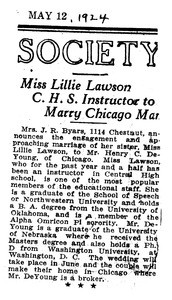 Newspaper announcement of Henry DeYoung's marriage to Lillie Lawson, 1924