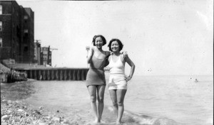 Soon Bohk Hur and another woman in swimsuits, at beach