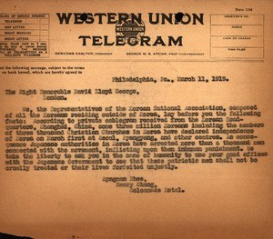 Korean National Association telegrams lobbying for government support for Korean independence, 1919